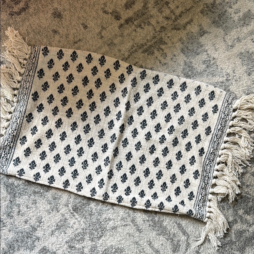 Elegant Dark Blue and Cream Patterned Tassles Pillow cover